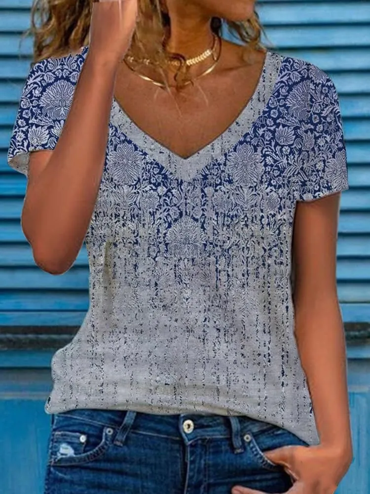 Akivide Women's Floral Short Sleeve V Neck Blouse Ethnic Boho Tshirts Summer Casual Loose Tee Tops