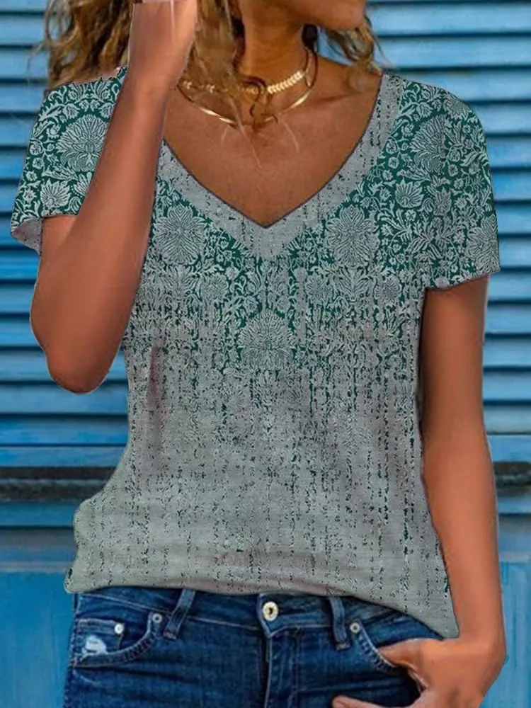 Akivide Women's Floral Short Sleeve V Neck Blouse Ethnic Boho Tshirts Summer Casual Loose Tee Tops