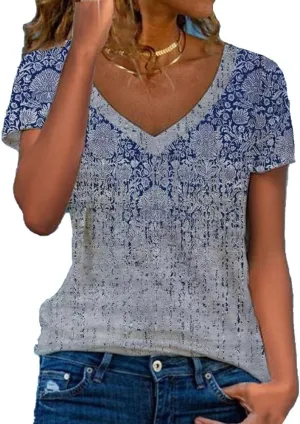 Akivide Women's Floral Short Sleeve V Neck Blouse Ethnic Boho Tshirts Summer Casual Loose Tee Tops