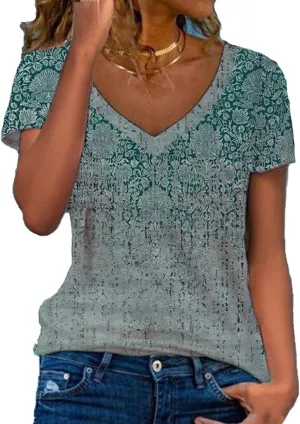 Akivide Women's Floral Short Sleeve V Neck Blouse Ethnic Boho Tshirts Summer Casual Loose Tee Tops