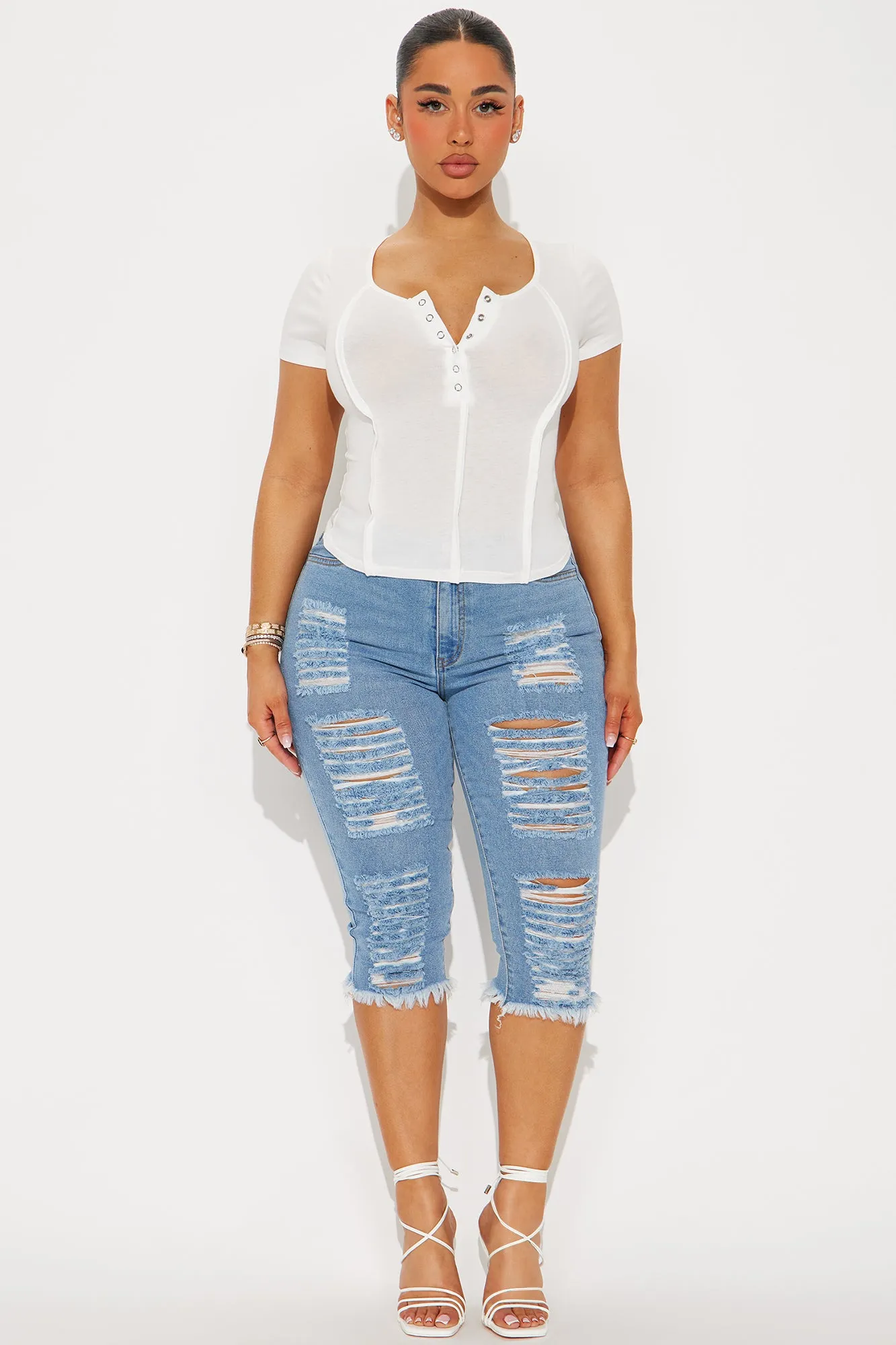 Amelia Short Sleeve Henley Top - White