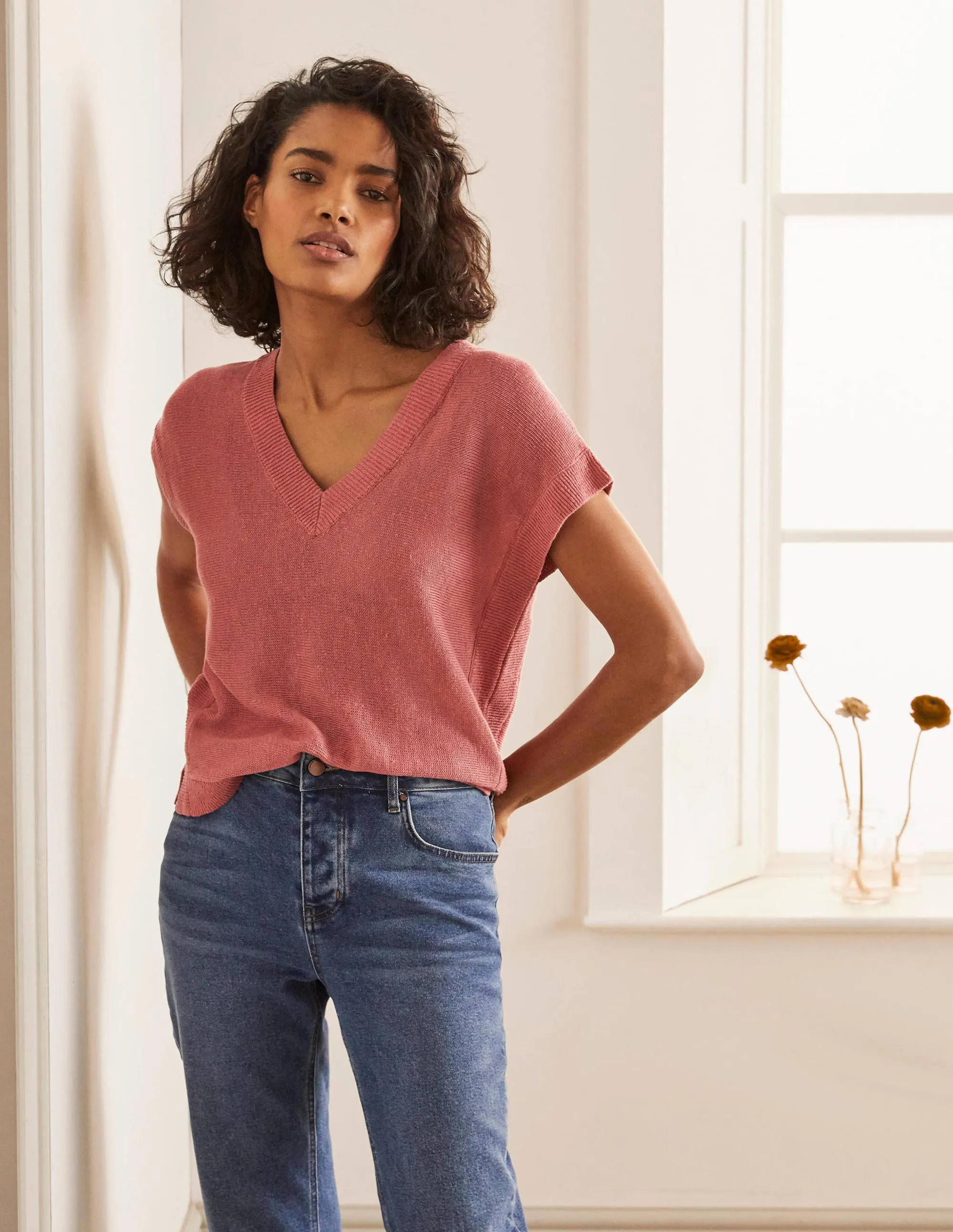 Anglesey Ribbed Linen Tee-Dusty Red