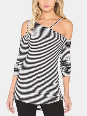 Asymmetrical Cold Shoulder Stripe Long Sleeve T-Shirts