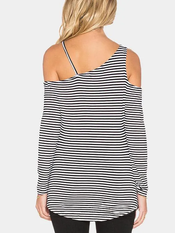 Asymmetrical Cold Shoulder Stripe Long Sleeve T-Shirts