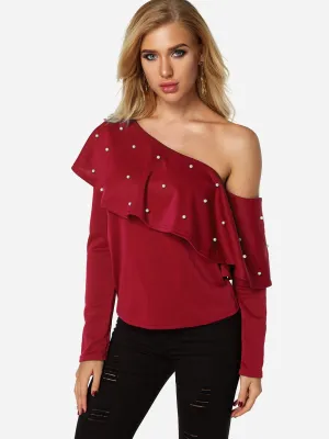 Asymmetrical One Shoulder Plain Handmade Beaded Long Sleeve Flounced Hem Red T-Shirts