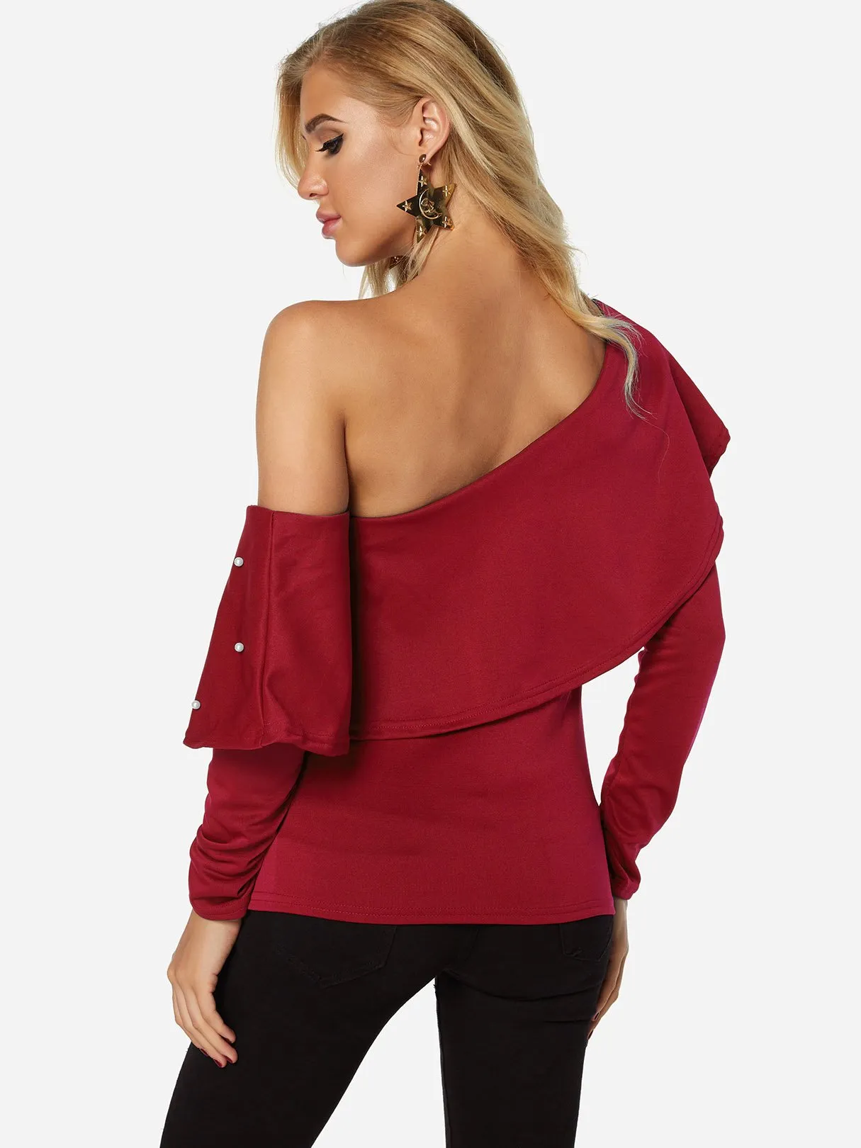 Asymmetrical One Shoulder Plain Handmade Beaded Long Sleeve Flounced Hem Red T-Shirts