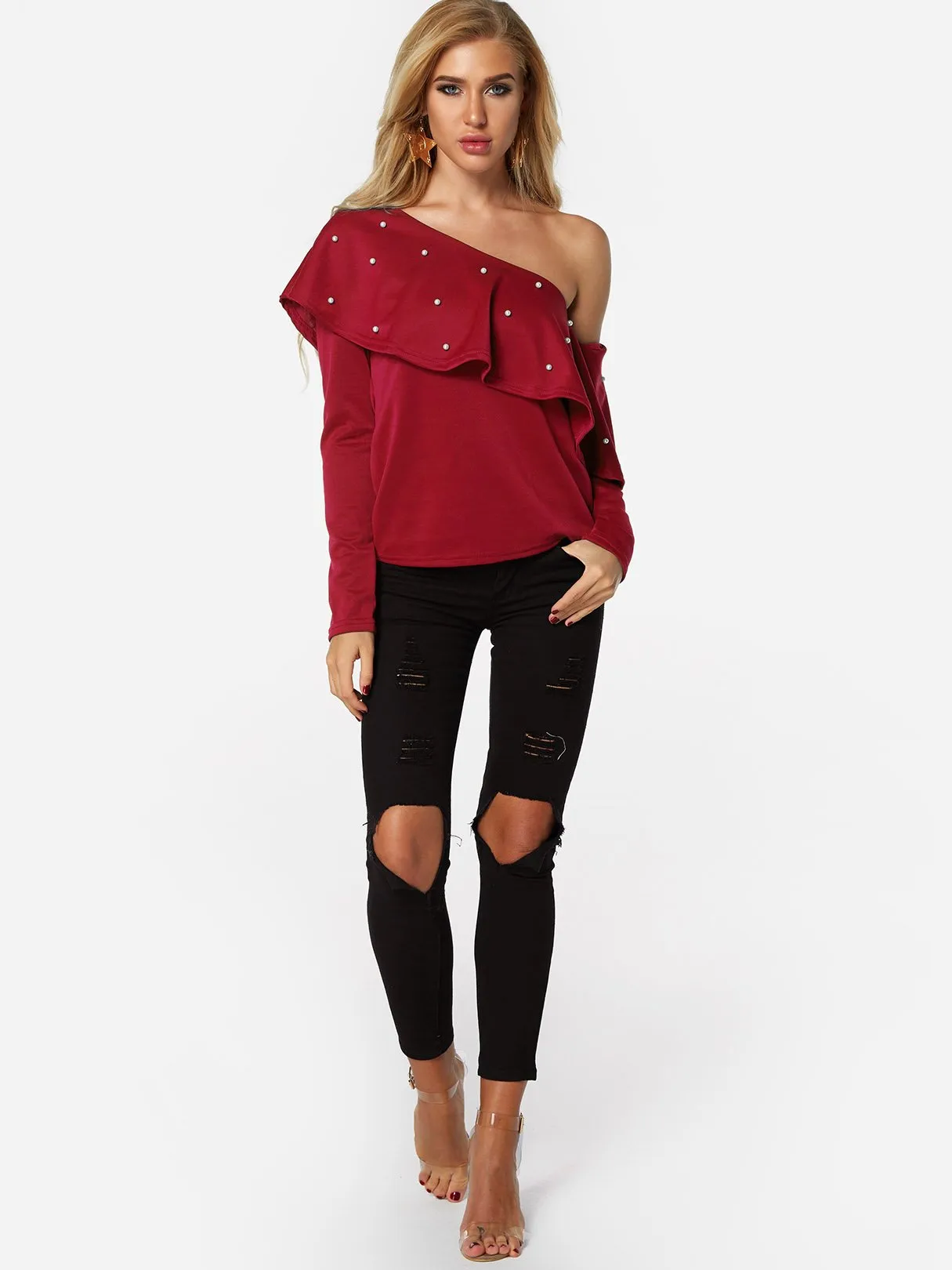 Asymmetrical One Shoulder Plain Handmade Beaded Long Sleeve Flounced Hem Red T-Shirts