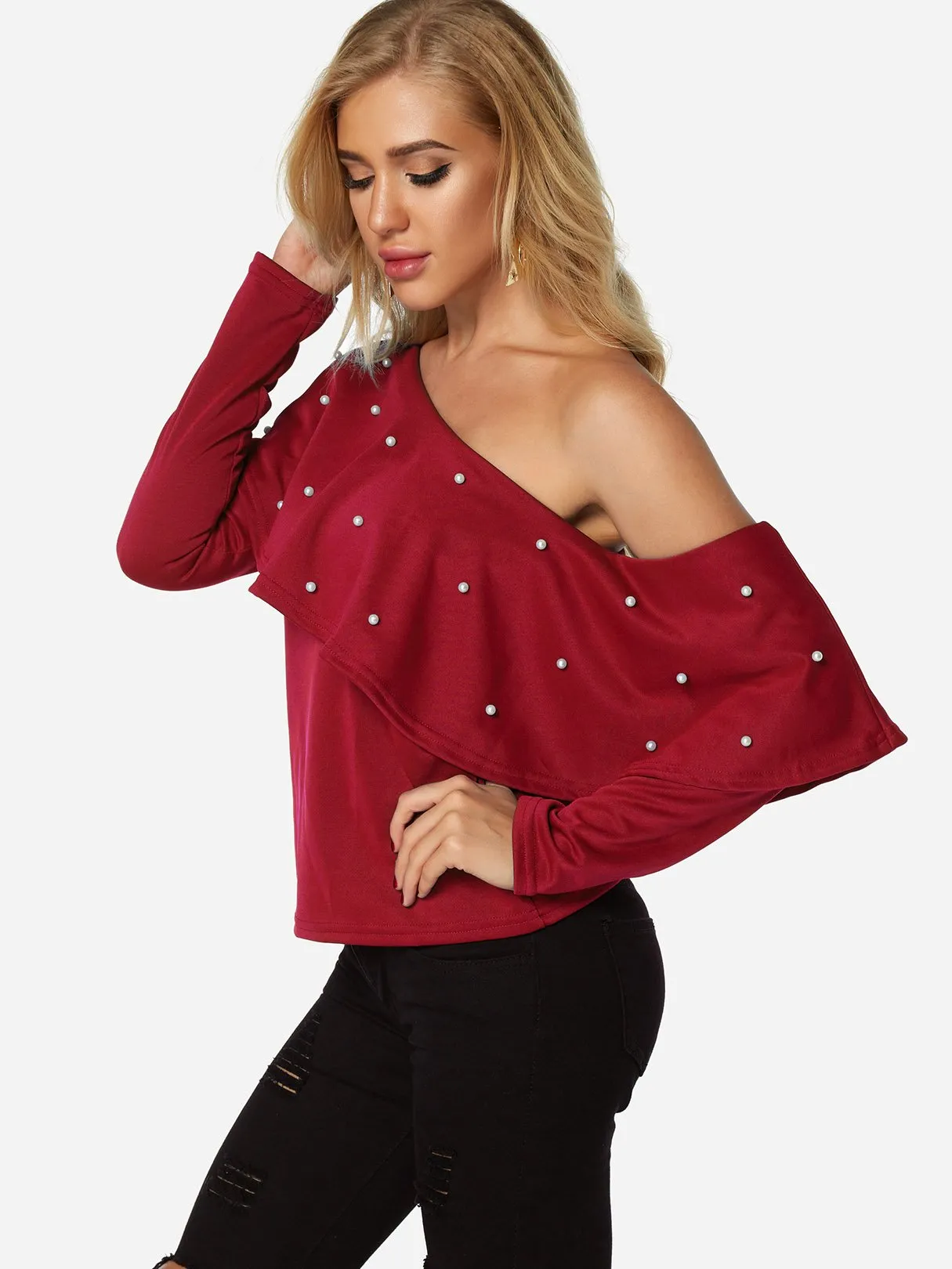 Asymmetrical One Shoulder Plain Handmade Beaded Long Sleeve Flounced Hem Red T-Shirts