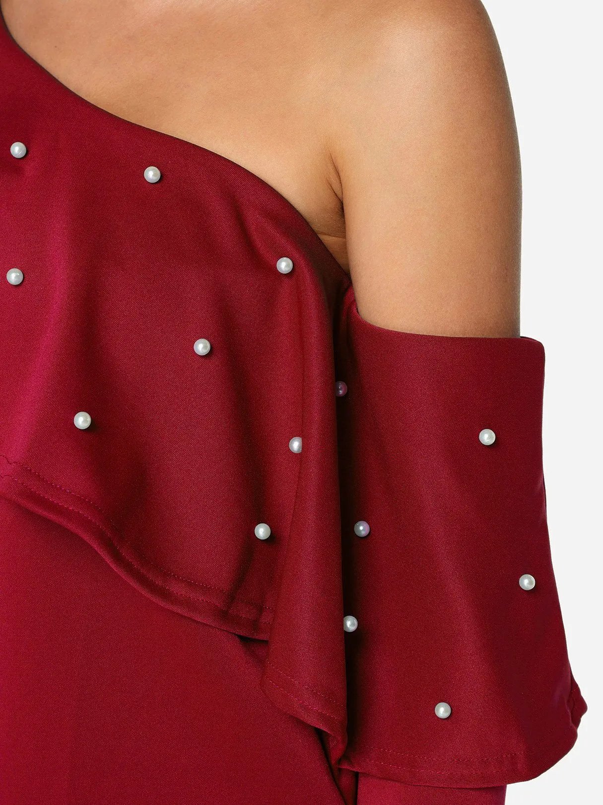 Asymmetrical One Shoulder Plain Handmade Beaded Long Sleeve Flounced Hem Red T-Shirts
