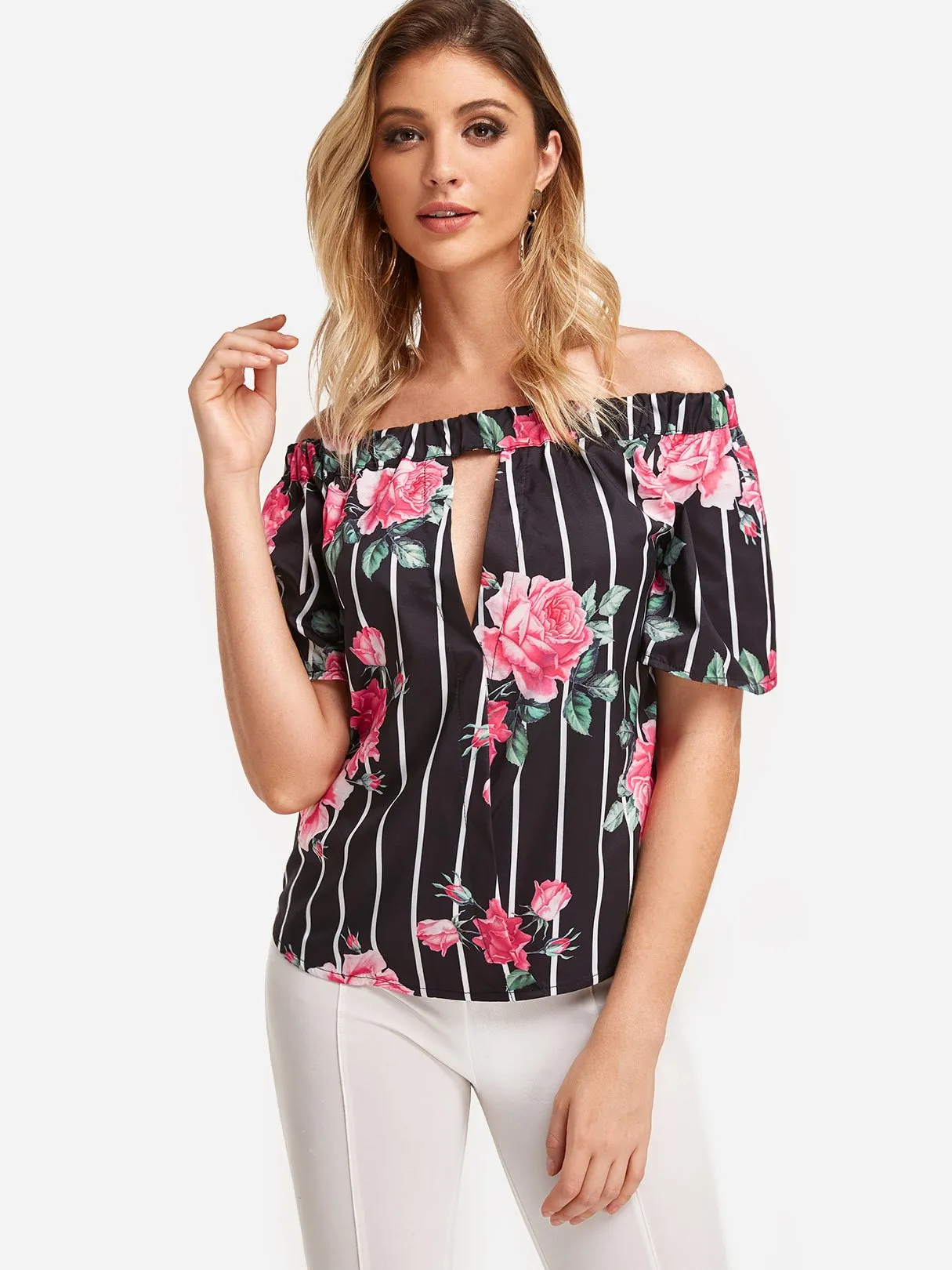 Bateau Stripe Floral Print Cut Out Short Sleeve Curved Hem Black T-Shirts