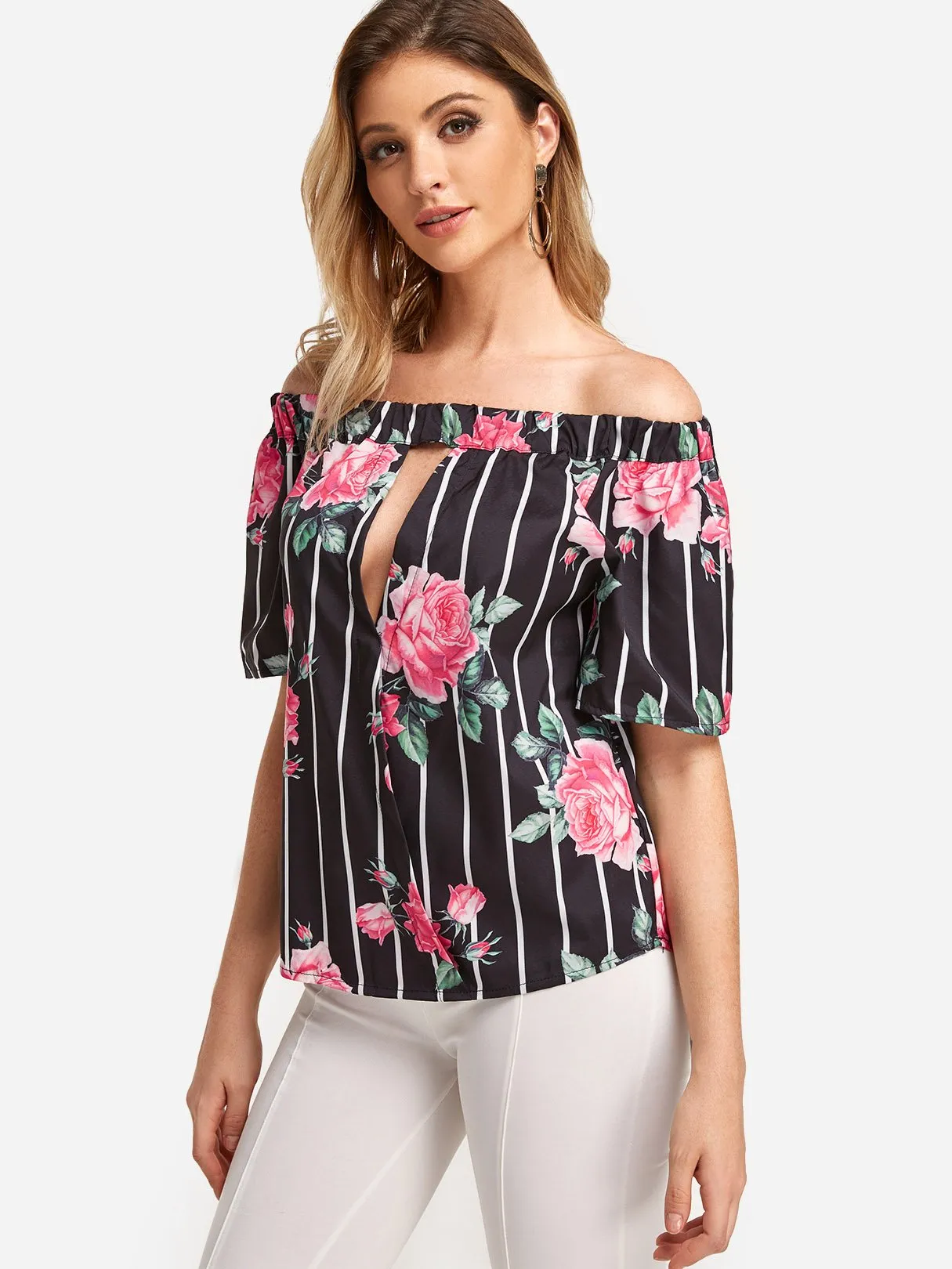 Bateau Stripe Floral Print Cut Out Short Sleeve Curved Hem Black T-Shirts
