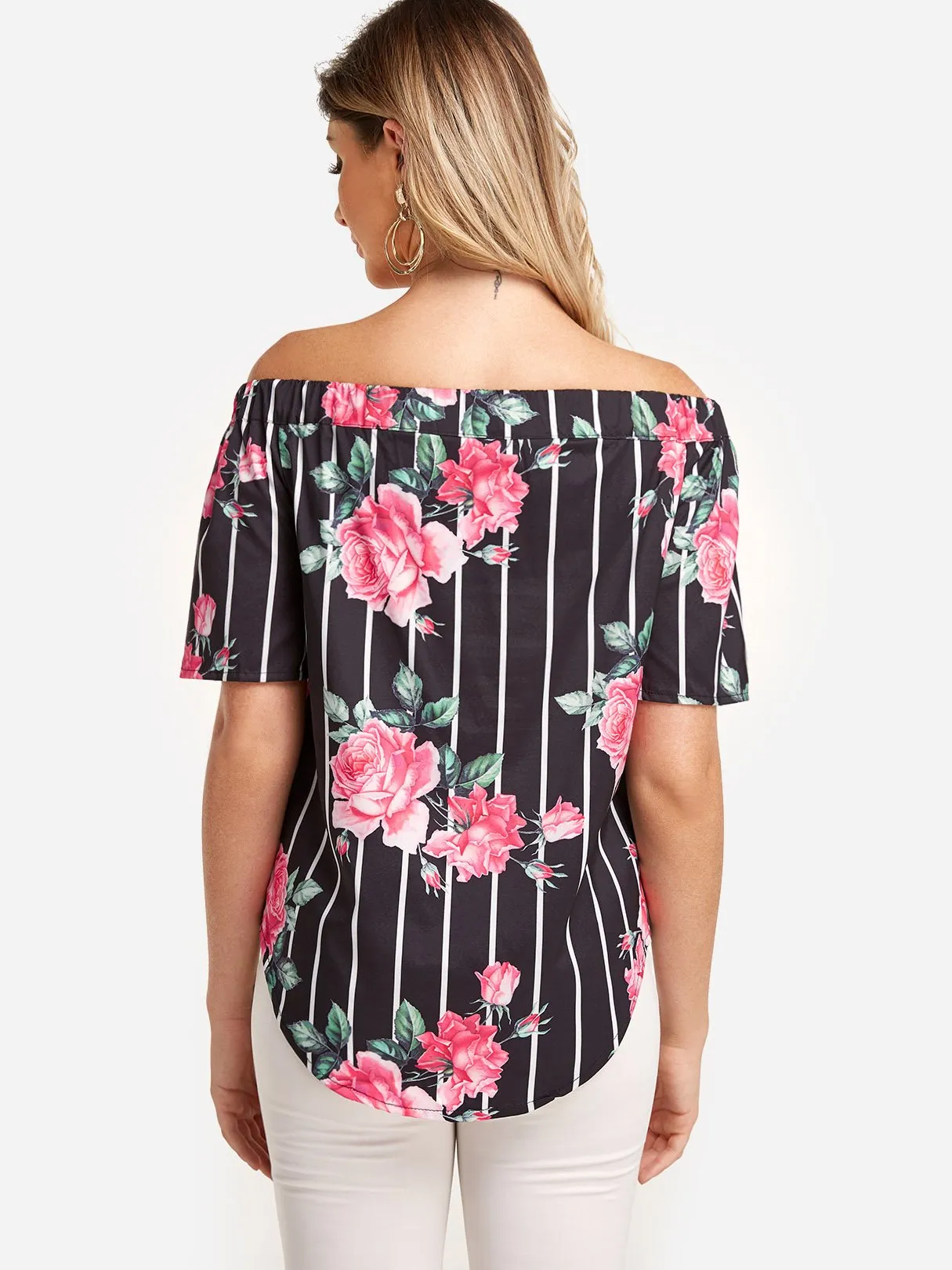 Bateau Stripe Floral Print Cut Out Short Sleeve Curved Hem Black T-Shirts