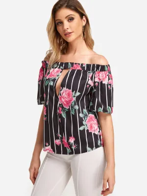 Bateau Stripe Floral Print Cut Out Short Sleeve Curved Hem Black T-Shirts