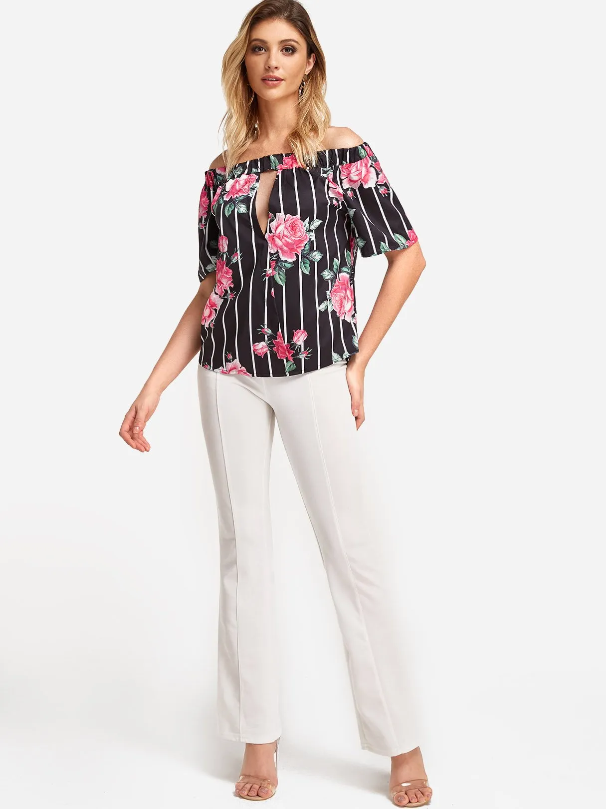 Bateau Stripe Floral Print Cut Out Short Sleeve Curved Hem Black T-Shirts