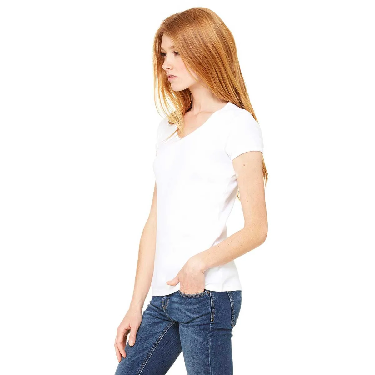 Bella   Canvas Women's White Stretch Rib Short-Sleeve V-Neck T-Shirt