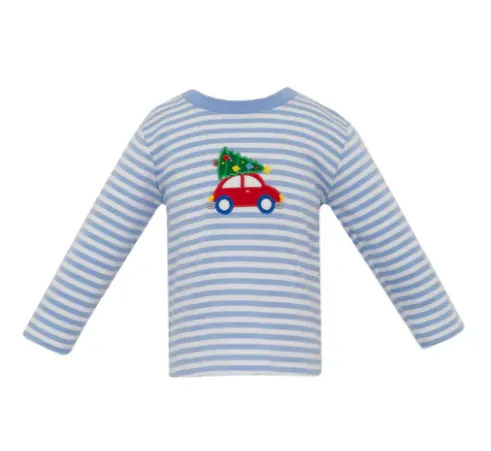 Car & X-mas Tree LS Knit T-Shirt- Blue Stripe