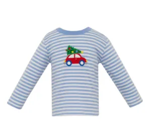 Car & X-mas Tree LS Knit T-Shirt- Blue Stripe
