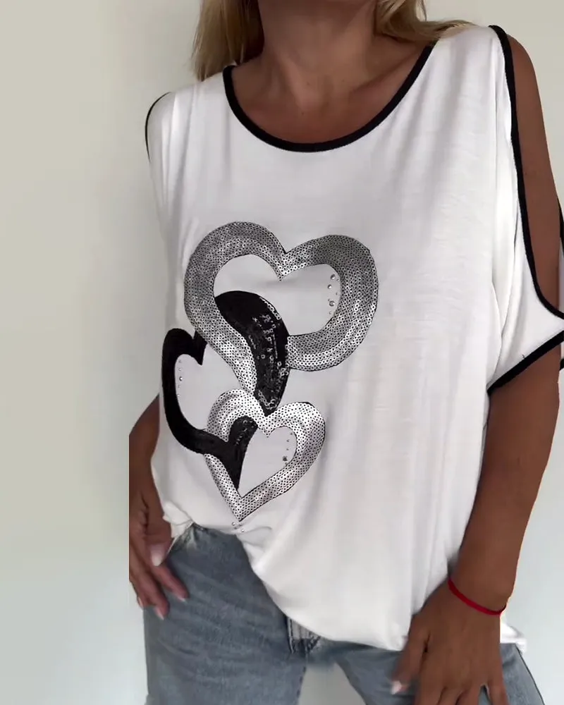 Colorblocked Round Neck Heart Print T-Shirt