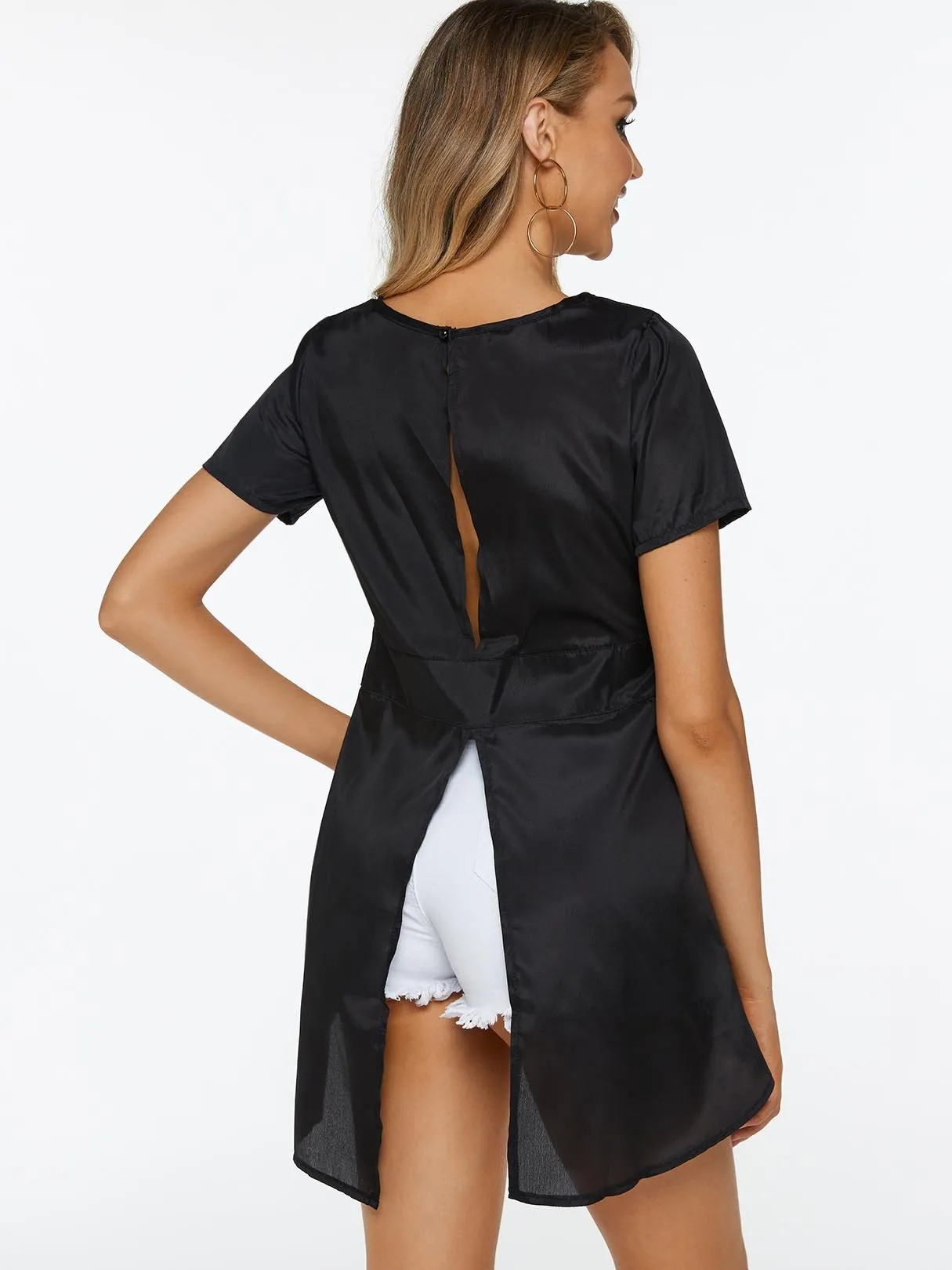 Custom Crew Neck Plain Slit Short Sleeve Irregular Hem Black Top