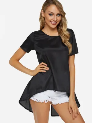 Custom Crew Neck Plain Slit Short Sleeve Irregular Hem Black Top