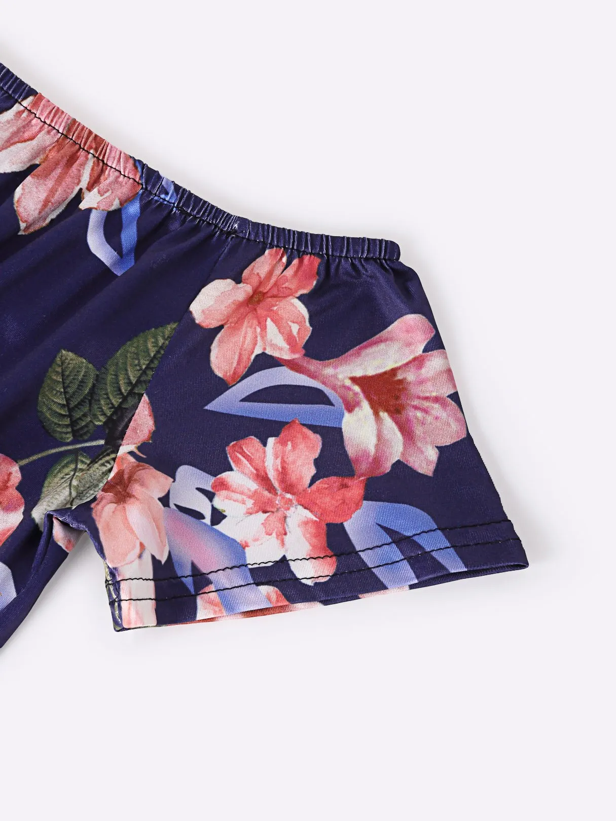 Custom Off The Shoulder Floral Print Asymmetrical Hem Navy T-Shirts