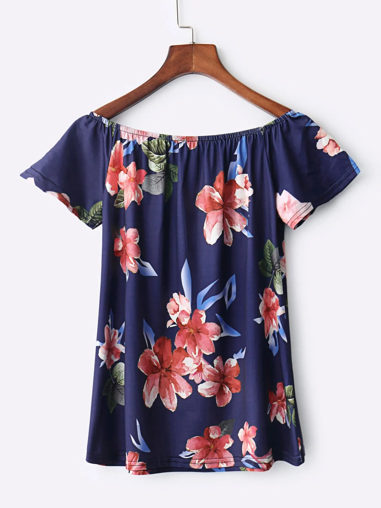 Custom Off The Shoulder Floral Print Asymmetrical Hem Navy T-Shirts