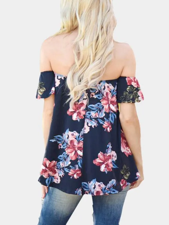 Custom Off The Shoulder Floral Print Asymmetrical Hem Navy T-Shirts