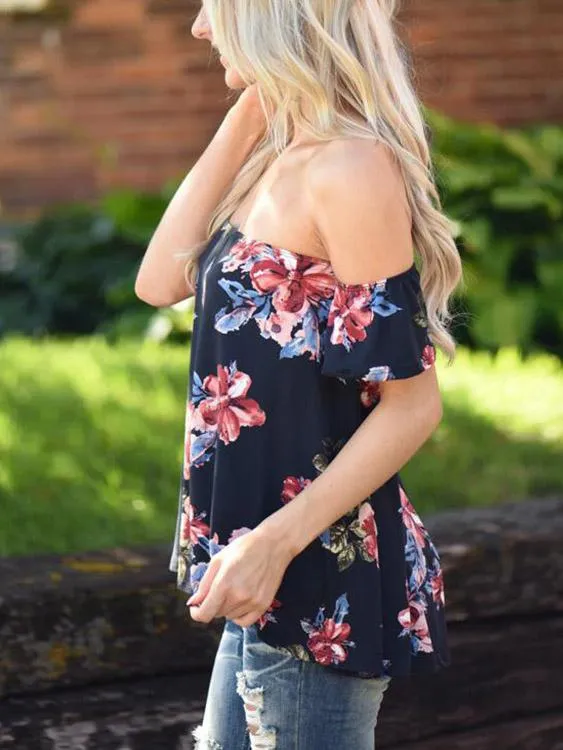 Custom Off The Shoulder Floral Print Asymmetrical Hem Navy T-Shirts