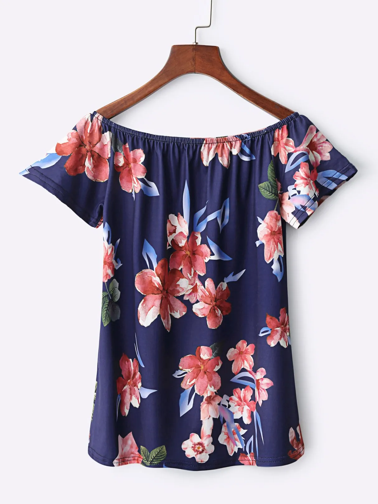 Custom Off The Shoulder Floral Print Asymmetrical Hem Navy T-Shirts