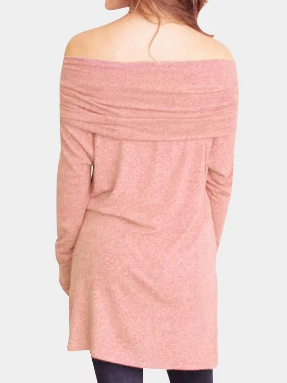 Custom Off The Shoulder Long Sleeve Irregular Hem Pink T-Shirts
