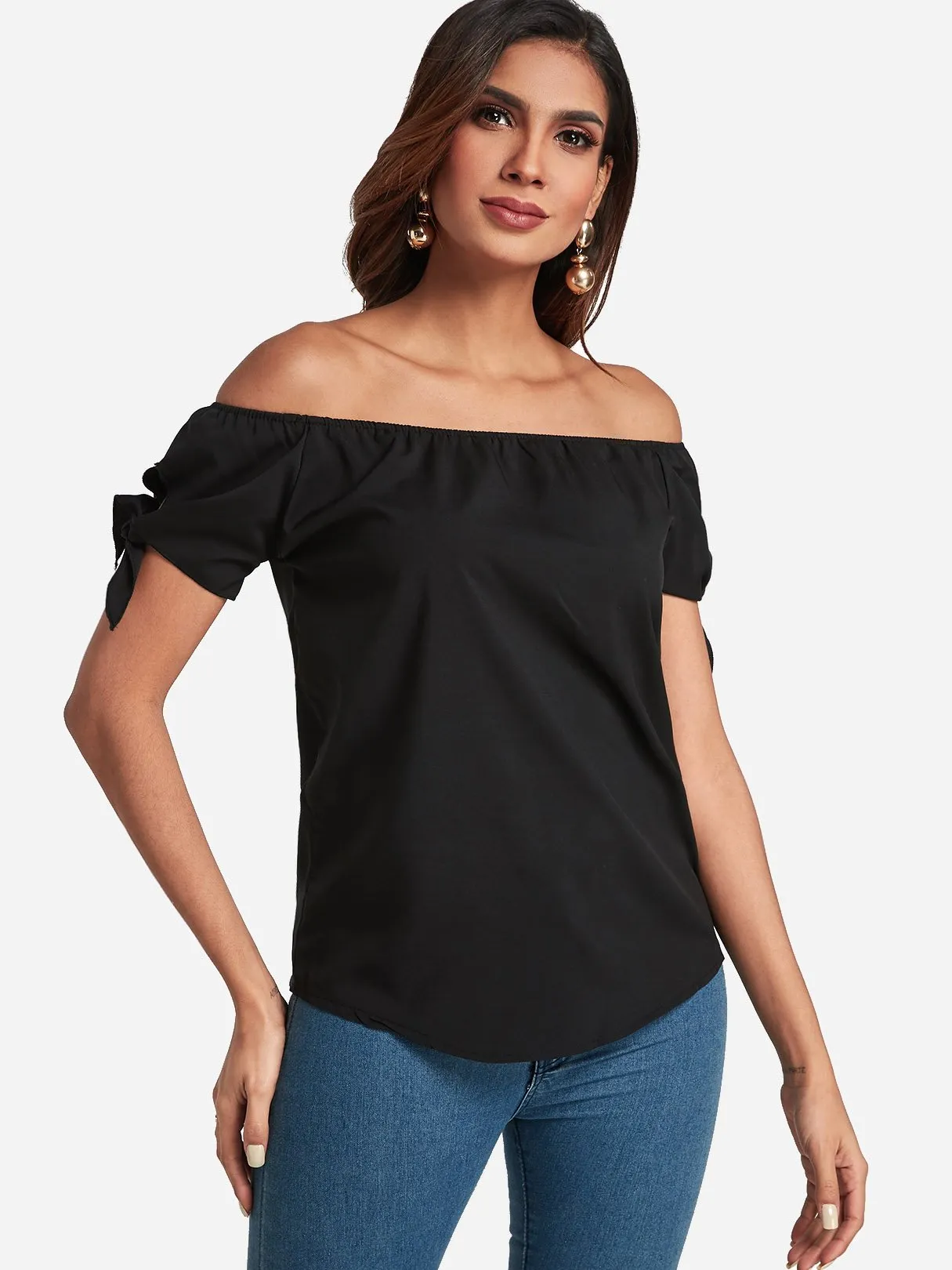 Custom Off The Shoulder Self-Tie Short Sleeve Top