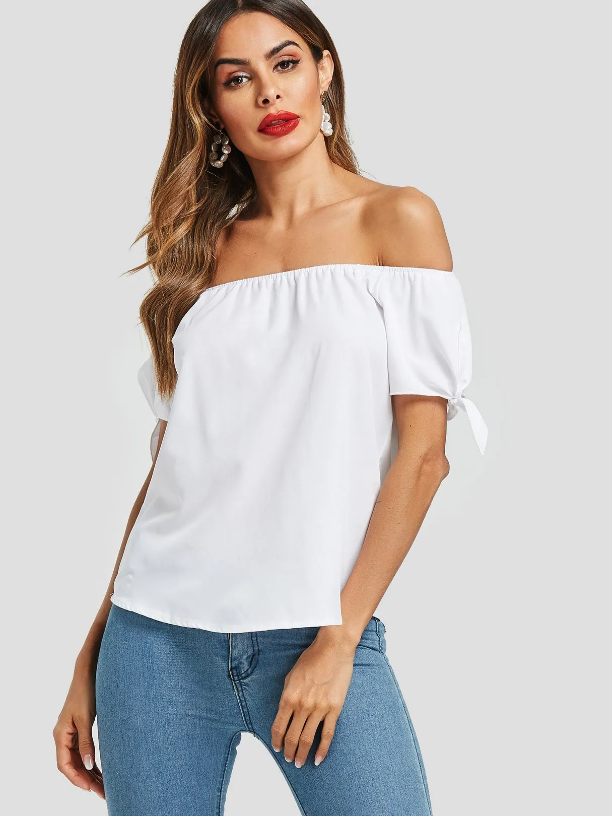 Custom Off The Shoulder Self-Tie Short Sleeve Top