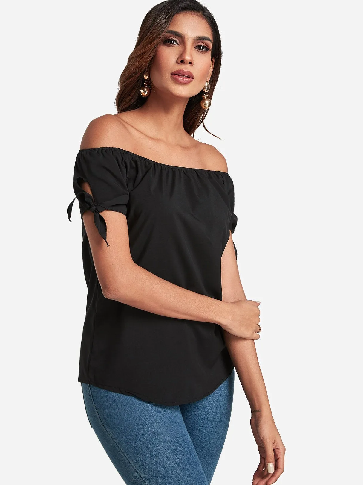 Custom Off The Shoulder Self-Tie Short Sleeve Top