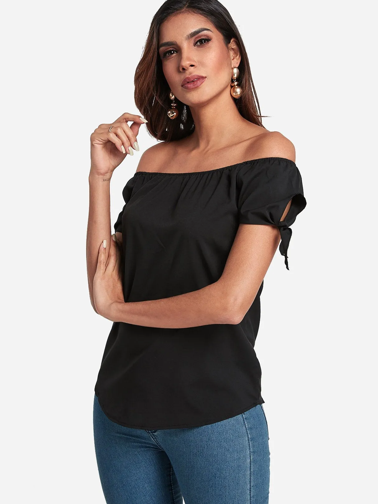 Custom Off The Shoulder Self-Tie Short Sleeve Top