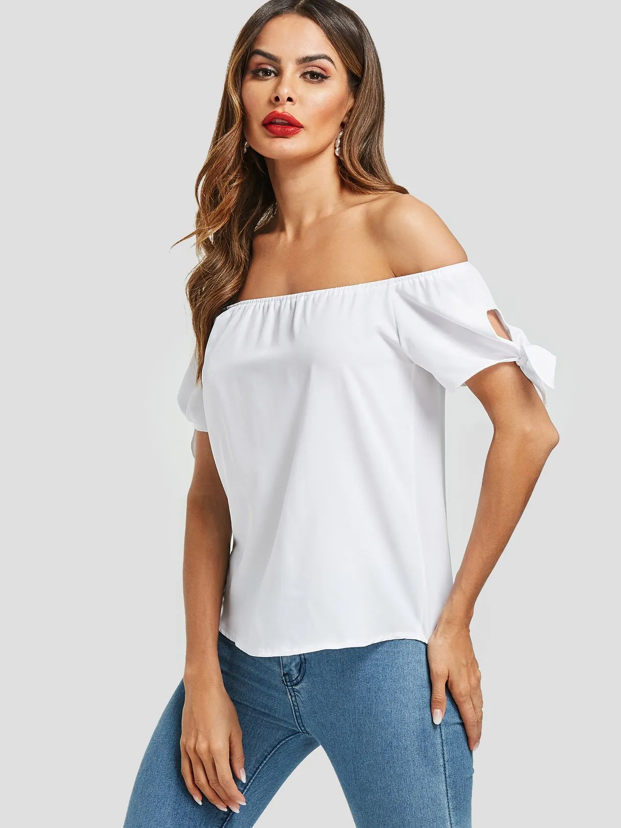 Custom Off The Shoulder Self-Tie Short Sleeve Top