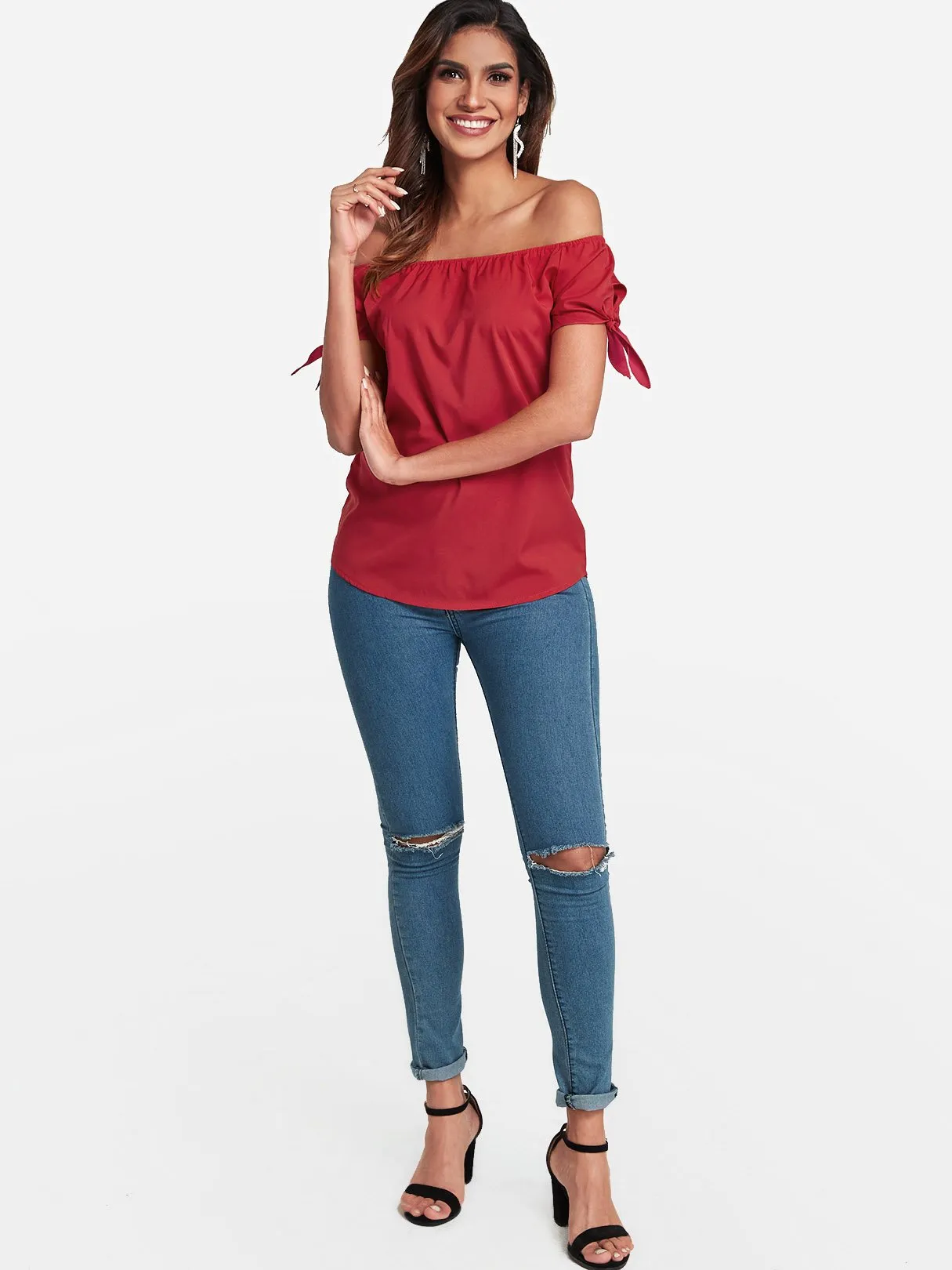 Custom Off The Shoulder Self-Tie Short Sleeve Top