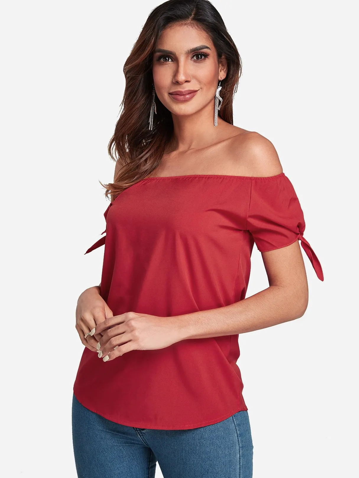Custom Off The Shoulder Self-Tie Short Sleeve Top