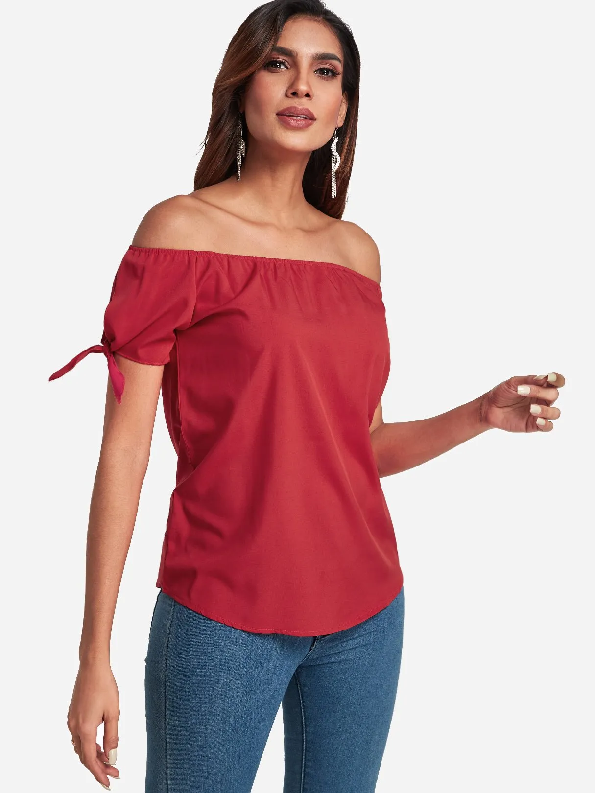 Custom Off The Shoulder Self-Tie Short Sleeve Top