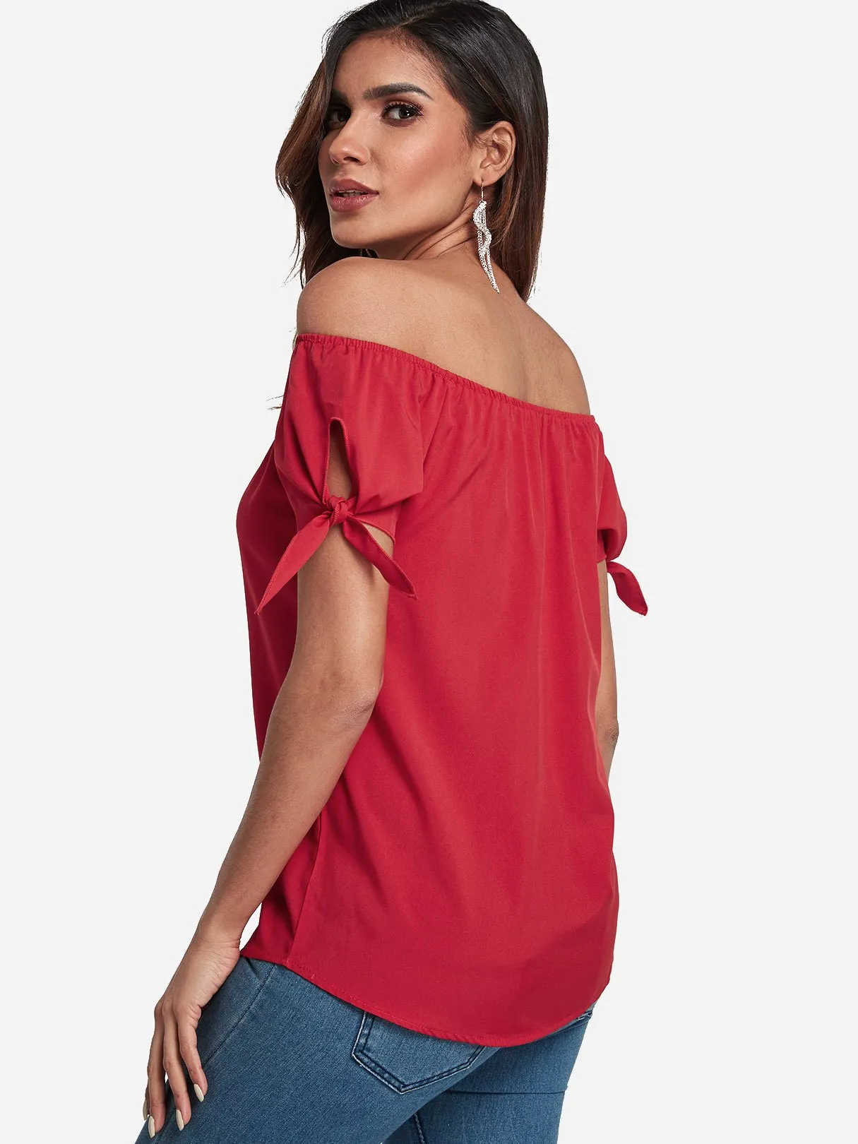 Custom Off The Shoulder Self-Tie Short Sleeve Top