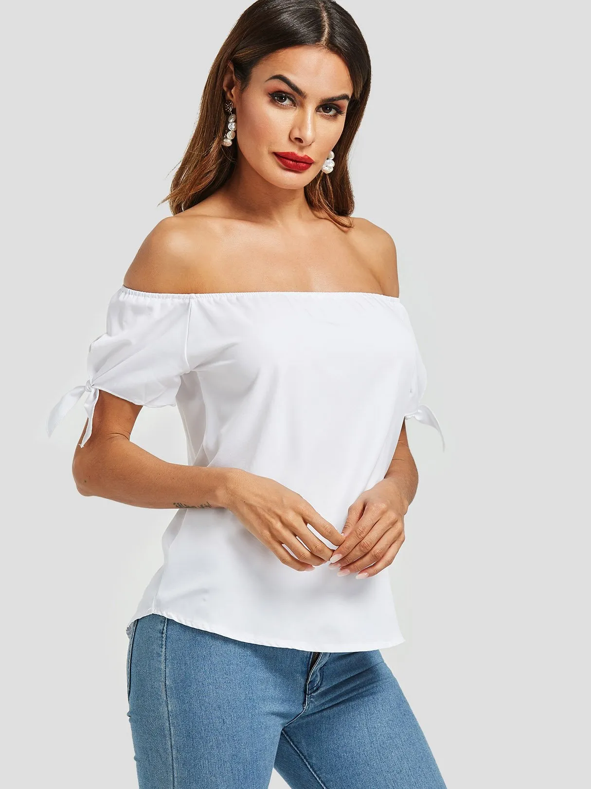 Custom Off The Shoulder Self-Tie Short Sleeve Top