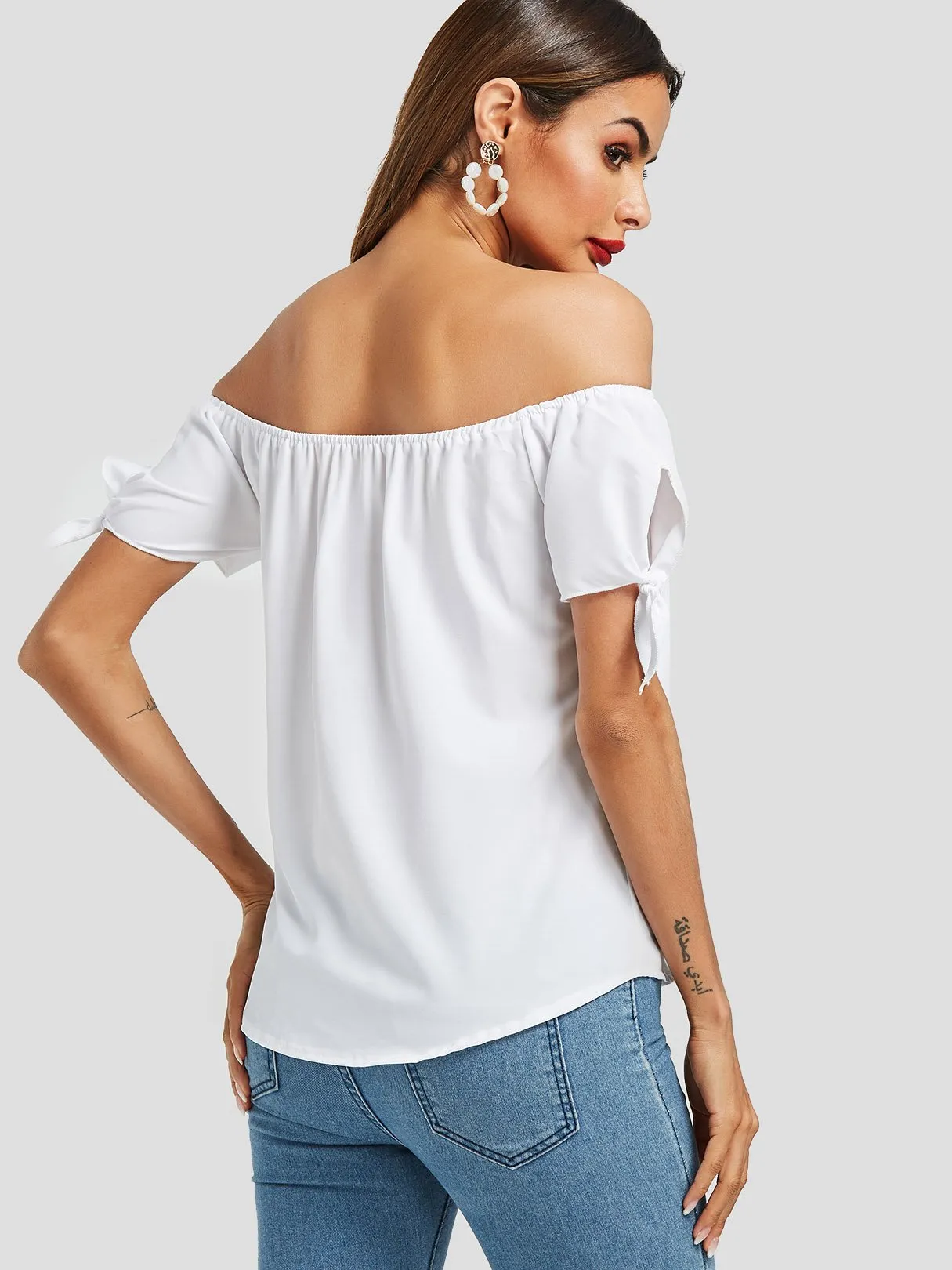 Custom Off The Shoulder Self-Tie Short Sleeve Top