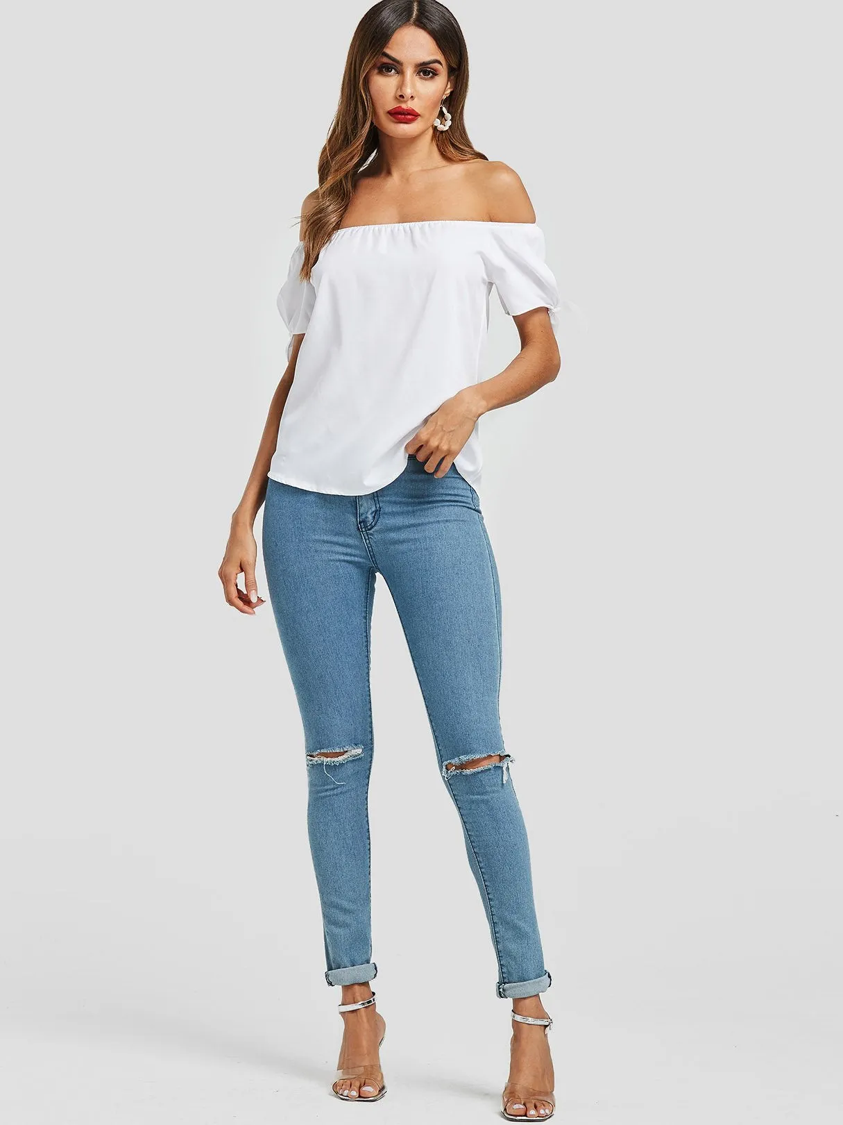 Custom Off The Shoulder Self-Tie Short Sleeve Top
