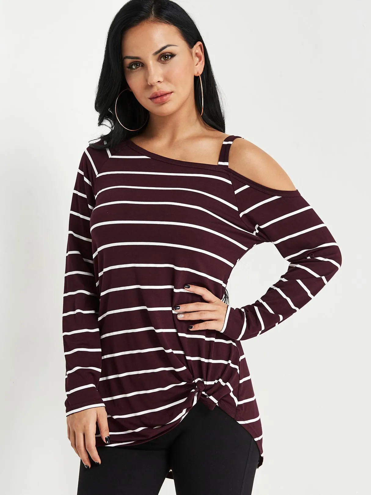 Custom One Shoulder Cut Out Twist Long Sleeve Burgundy Top