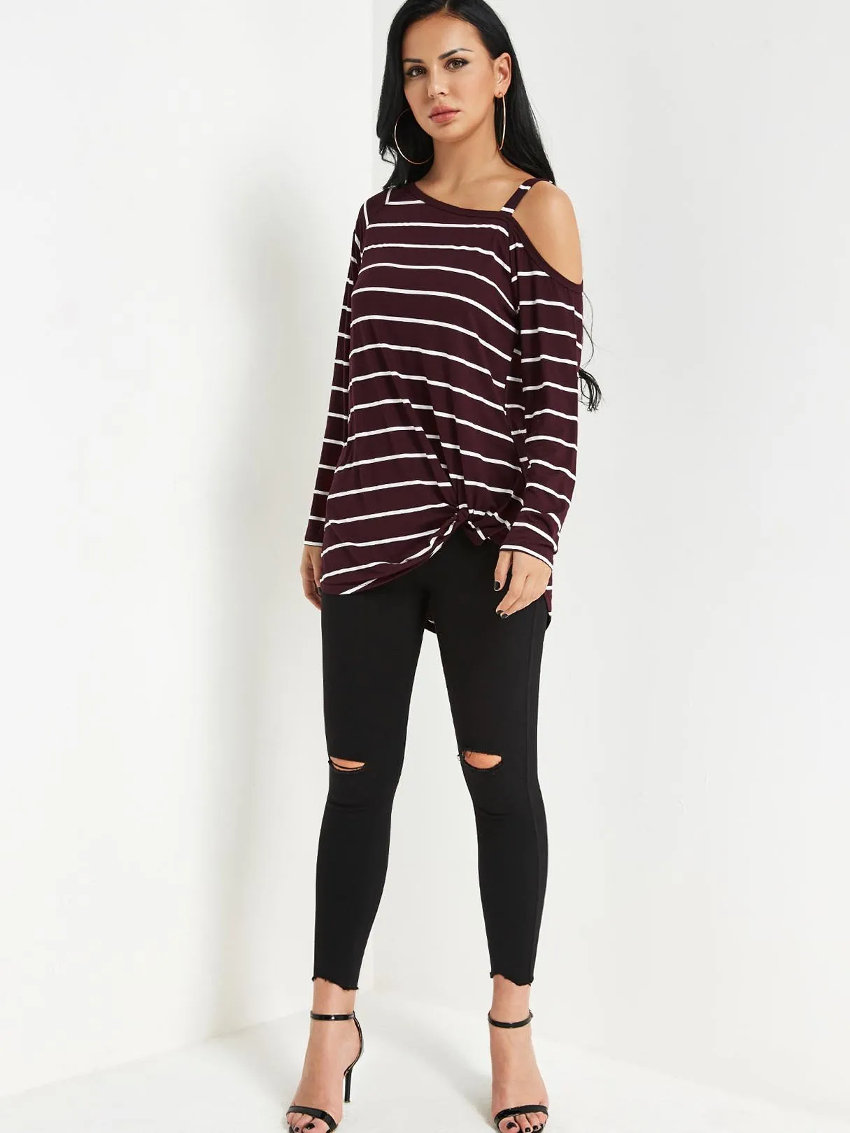 Custom One Shoulder Cut Out Twist Long Sleeve Burgundy Top