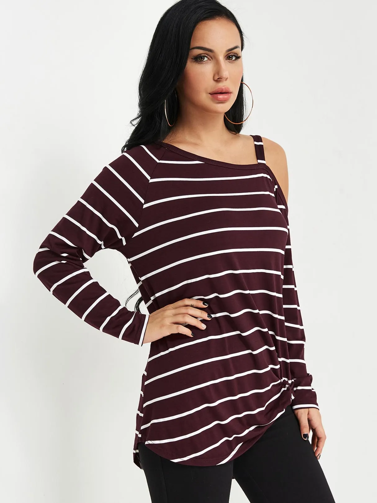 Custom One Shoulder Cut Out Twist Long Sleeve Burgundy Top
