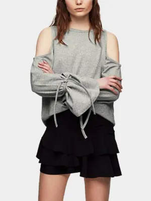 Custom Round Neck Cold Shoulder Long Sleeve Grey T-Shirts