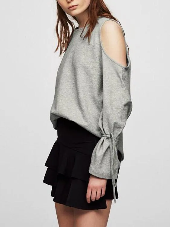 Custom Round Neck Cold Shoulder Long Sleeve Grey T-Shirts