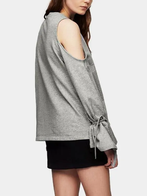 Custom Round Neck Cold Shoulder Long Sleeve Grey T-Shirts