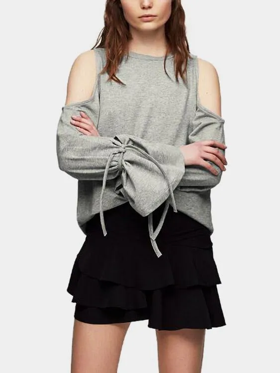 Custom Round Neck Cold Shoulder Long Sleeve Grey T-Shirts