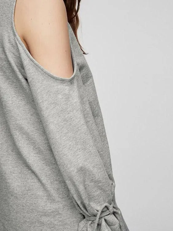 Custom Round Neck Cold Shoulder Long Sleeve Grey T-Shirts